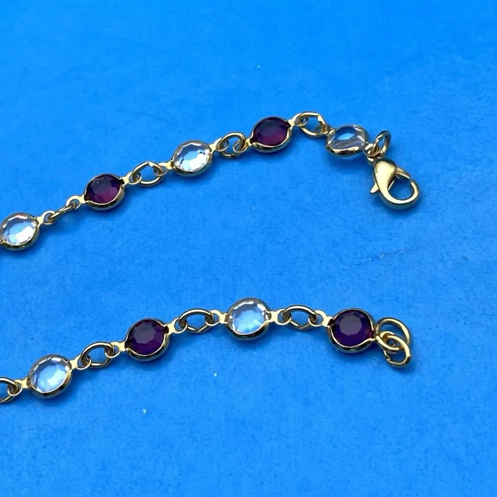 Vintage Gold Tone Purple Blue Crystal Bezel Station Link Bracelet 7 1/4 In Retro